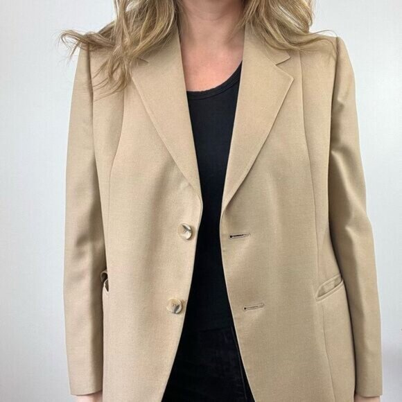 Vintage Women’s Medium Tan Wool Classic Suit Jacket Blazer Sports Coat 2 Button - Picture 6 of 14